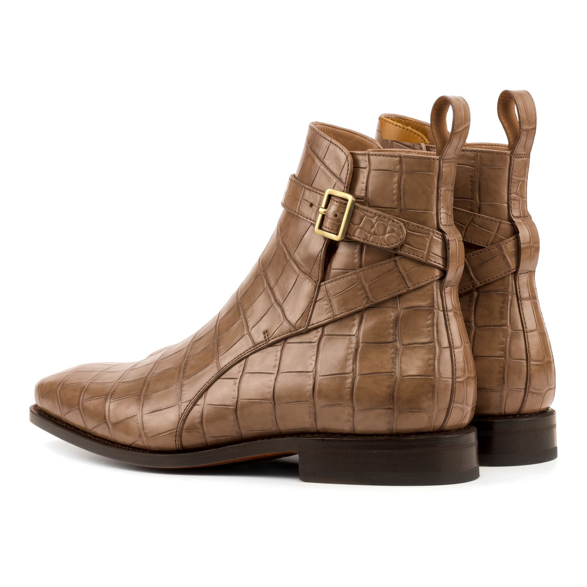Bottines Jodhpur en cuir croco marron moyen, vue de trois quarts arrière
