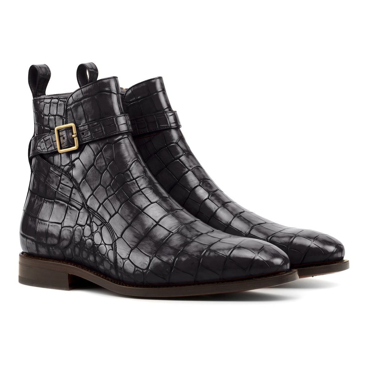 Bottines Jodhpur en cuir croco noir, vue de trois quarts avant