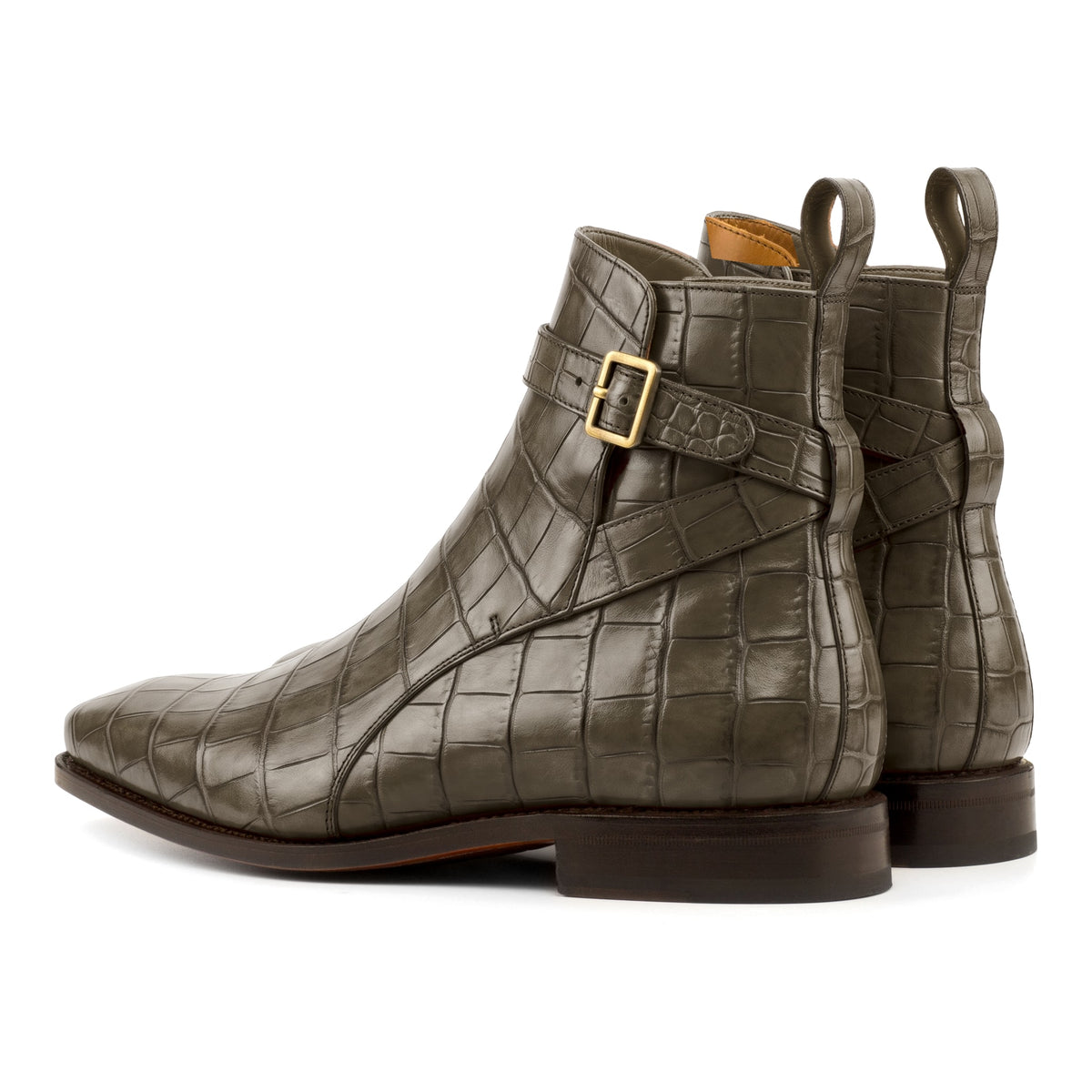 Bottines Jodhpur en cuir croco vert olive, vue de trois quarts arrière