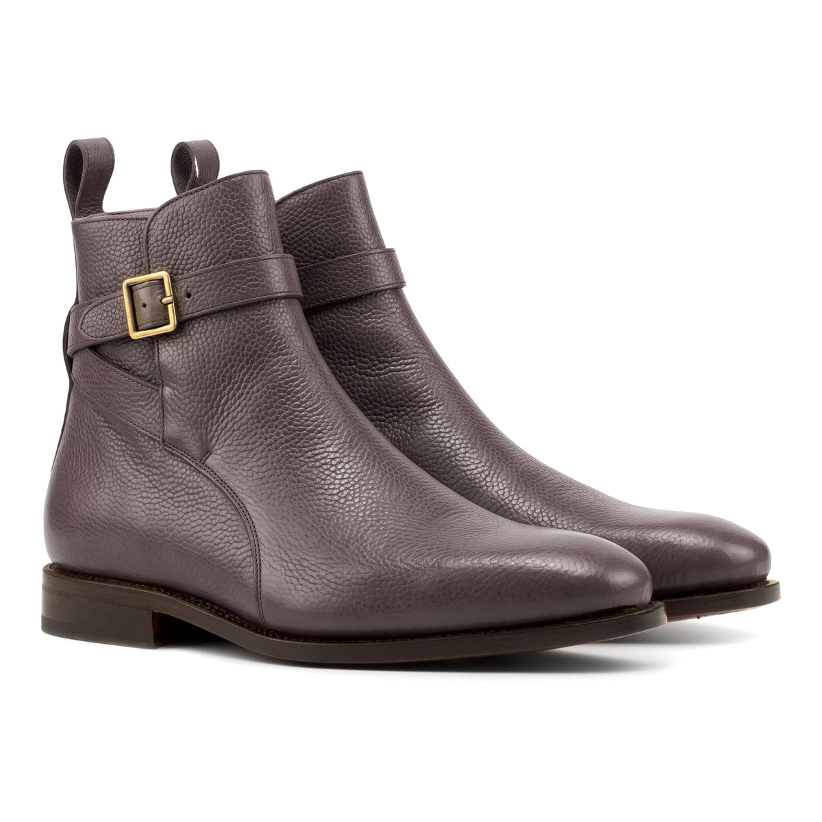 Bottines Jodhpur en cuir gros grain marron foncé, vue de trois quarts avant