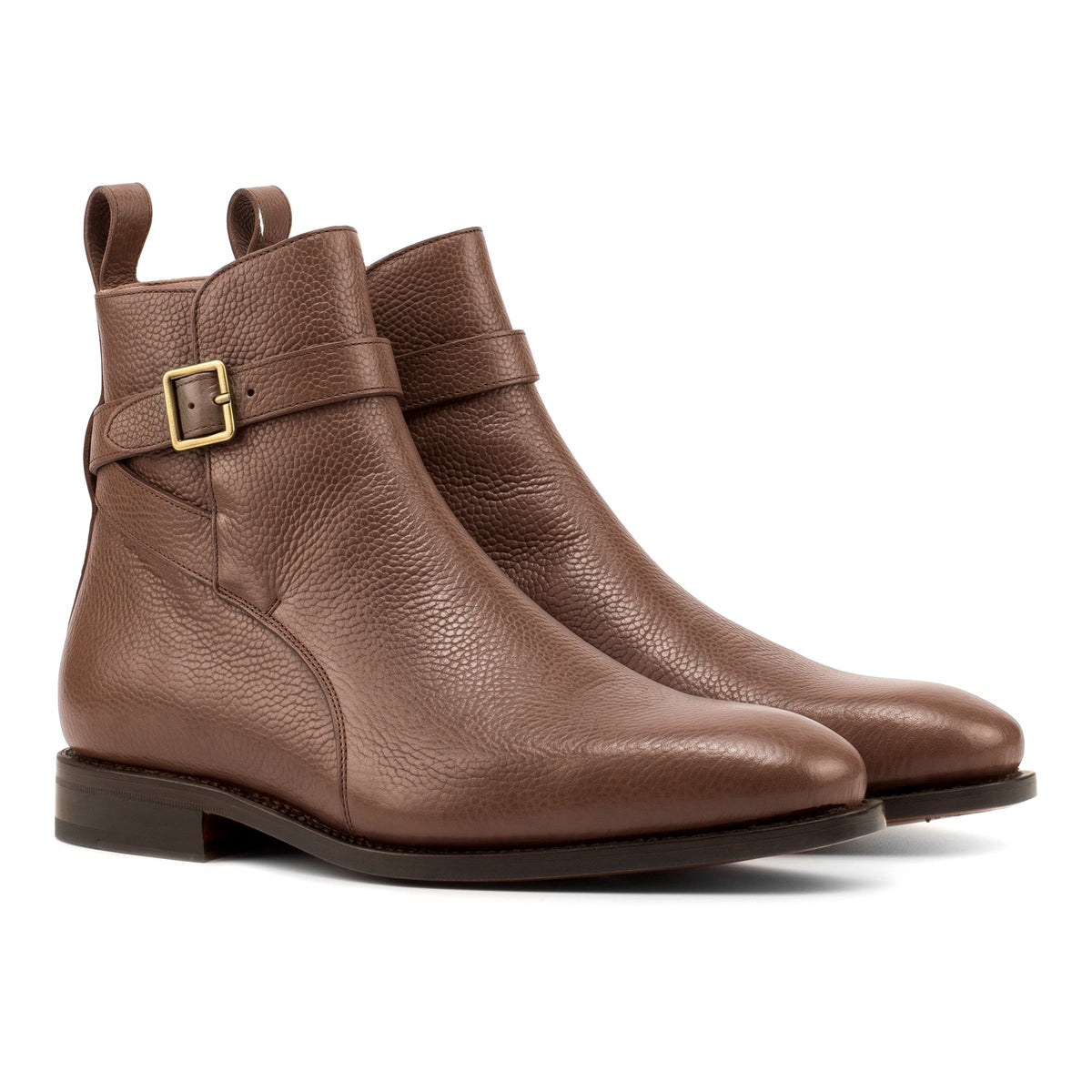 Bottines Jodhpur en cuir gros grain marron moyen, vue de trois quarts avant