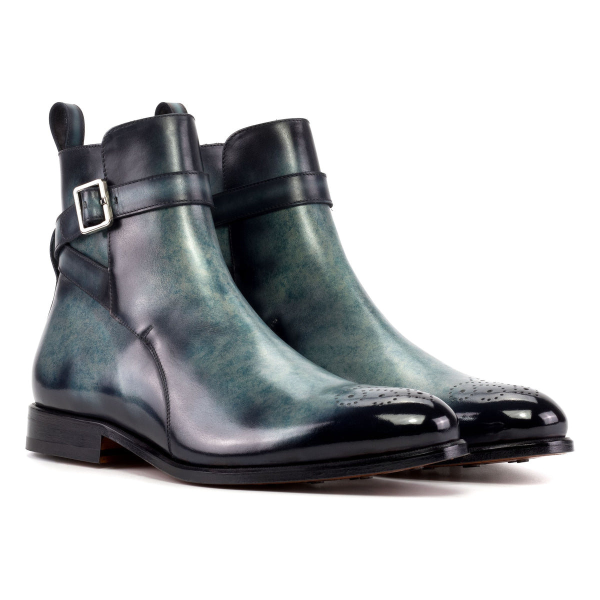 Bottines Jodhpur bout fleuri en cuir patiné bleu gris – vue 1