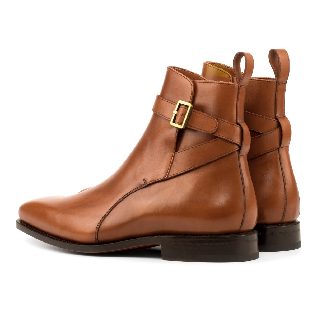 Bottines Jodhpur en cuir teinté main cognac, vue de trois quarts arrière