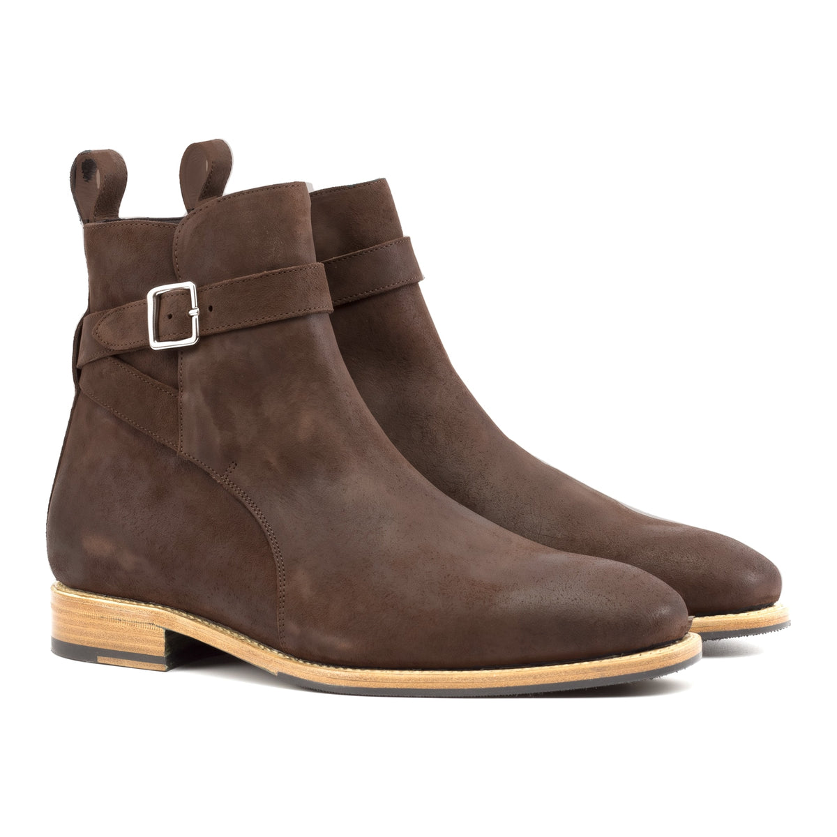 Bottines Jodhpur en daim ciré marron, vue de trois quarts avant