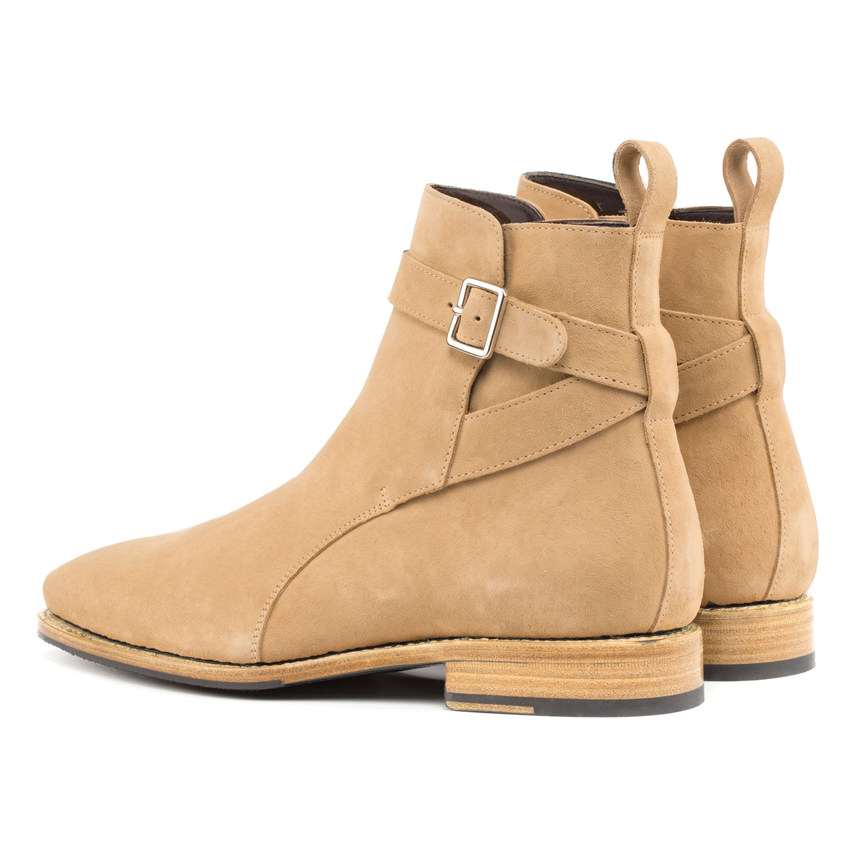 Bottines Jodhpur en daim de chevreau camel, vue de trois quarts arrière
