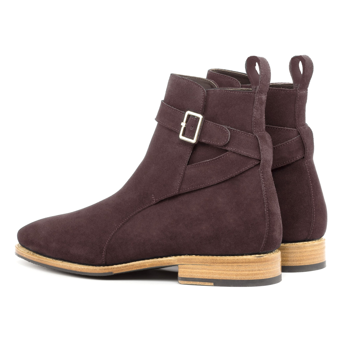 Bottines Jodhpur en daim de chevreau marron, vue de trois quarts arrière