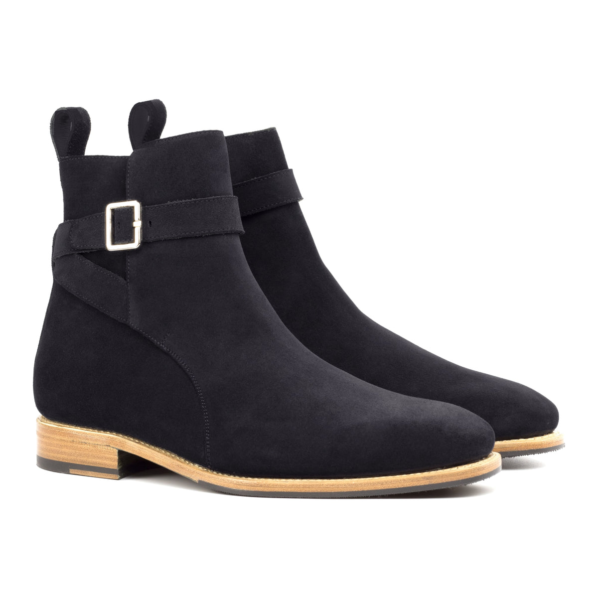 Bottines Jodhpur en daim de chevreau noir, vue de trois quarts avant