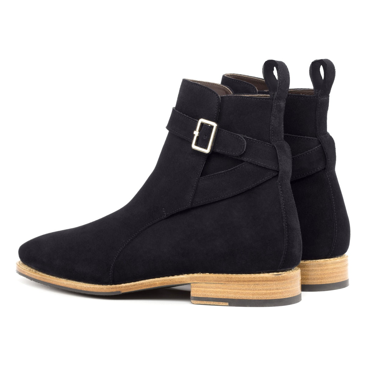 Bottines Jodhpur en daim de chevreau noir, vue de trois quarts arrière