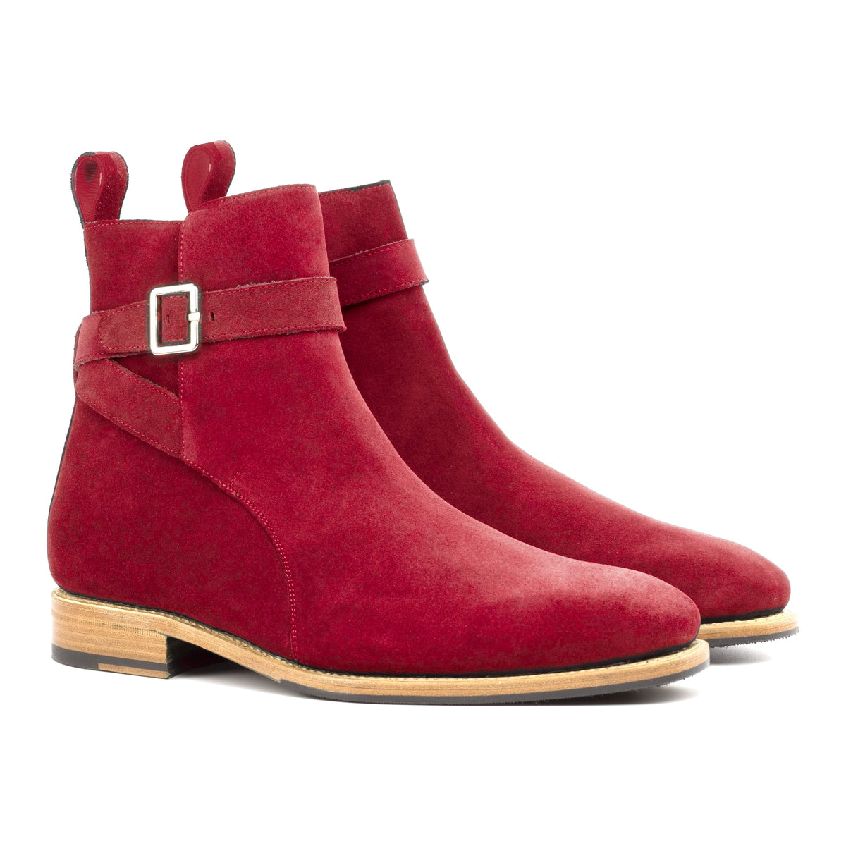Bottines Jodhpur en daim de chevreau rouge, vue de trois quarts avant