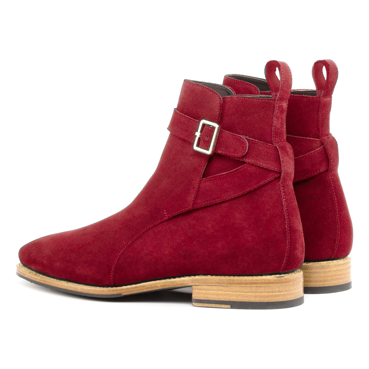 Bottines Jodhpur en daim de chevreau rouge, vue de trois quarts arrière