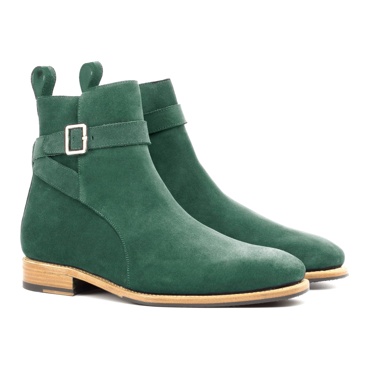 Bottines Jodhpur en daim de chevreau vert forêt, vue de trois quarts avant