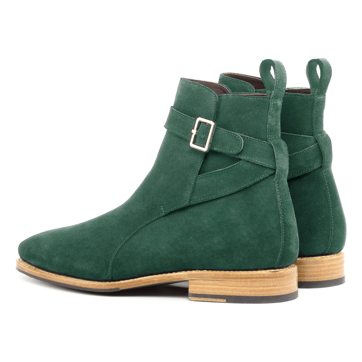 Bottines Jodhpur en daim de chevreau vert forêt, vue de trois quarts arrière