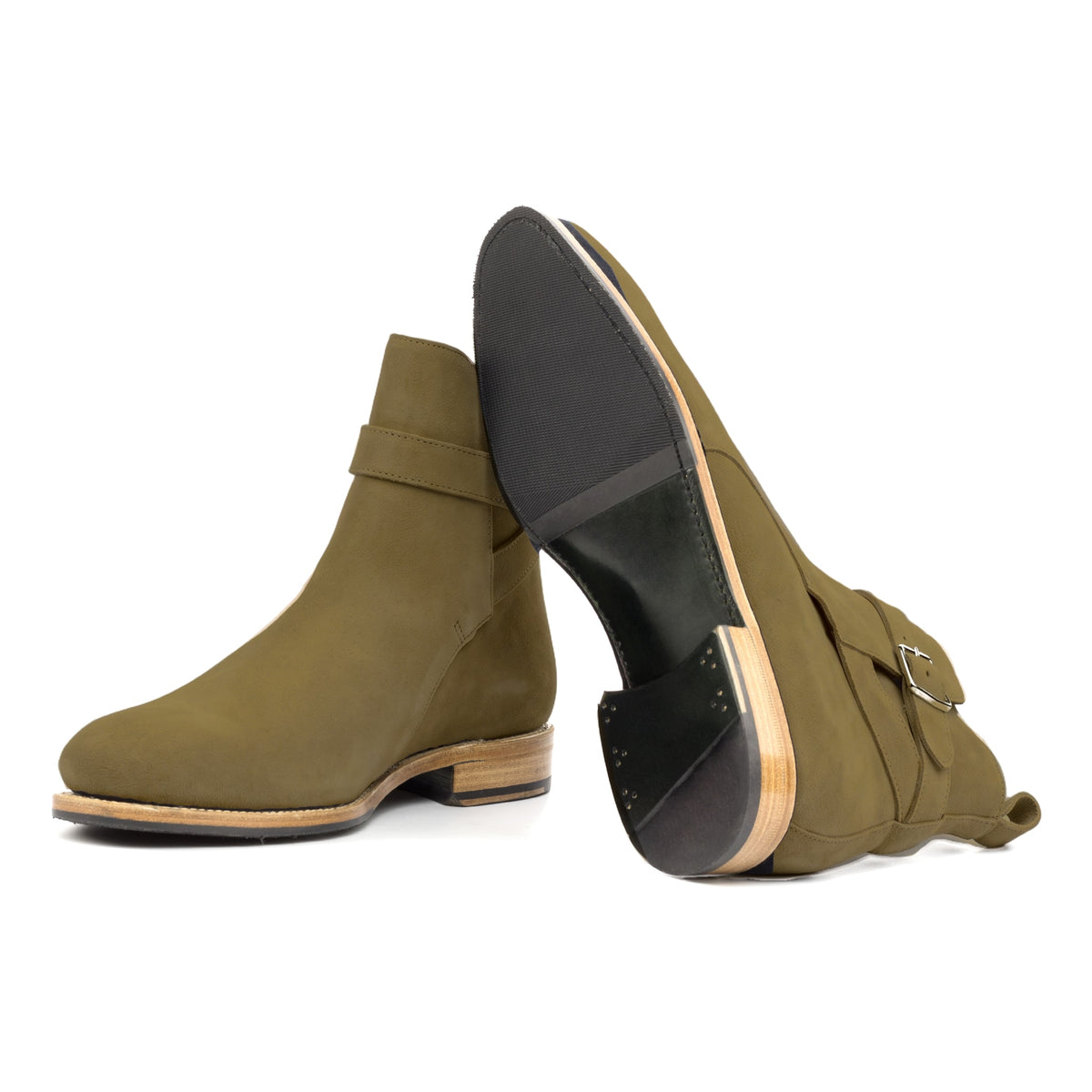 Bottines Jodhpur en daim kaki : une bottine couchée montre la semelle