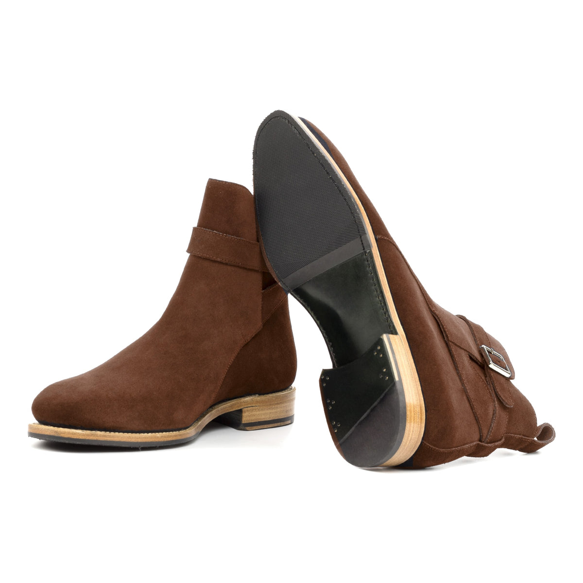 Bottines Jodhpur en daim marron moyen : une bottine couchée montre la semelle