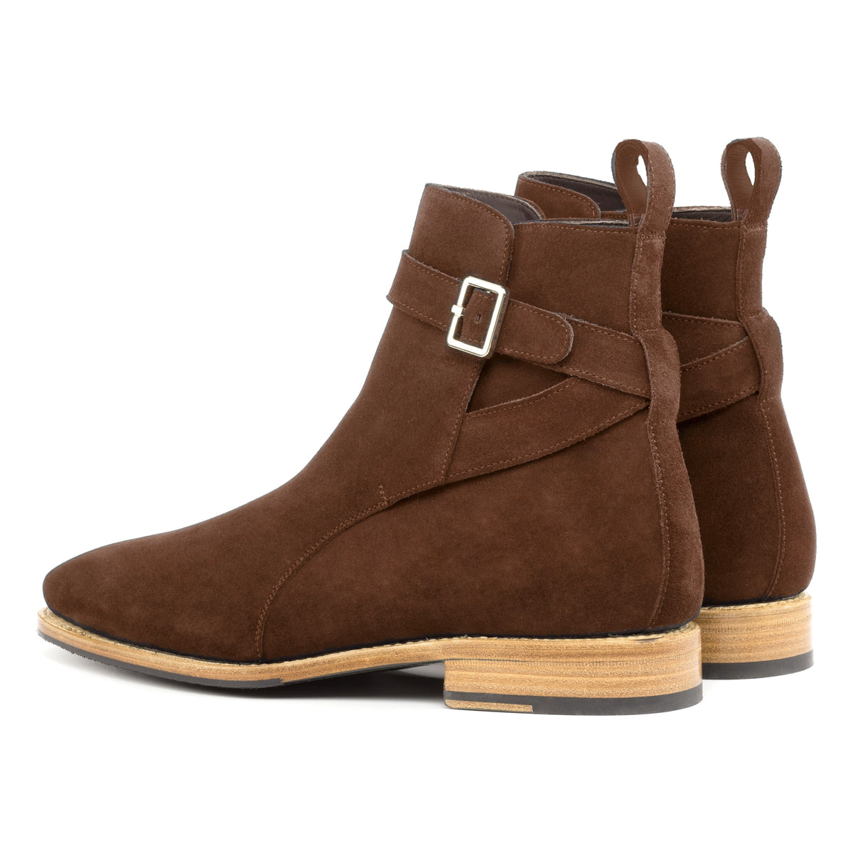 Bottines Jodhpur en daim marron moyen, vue de trois quarts arrière