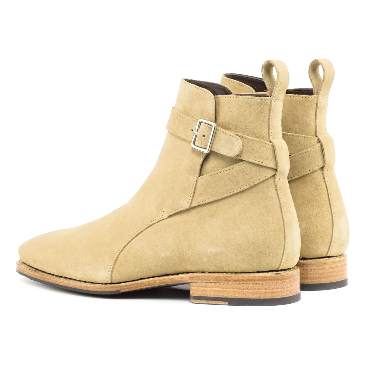 Bottines Jodhpur en daim sable, vue de trois quarts arrière