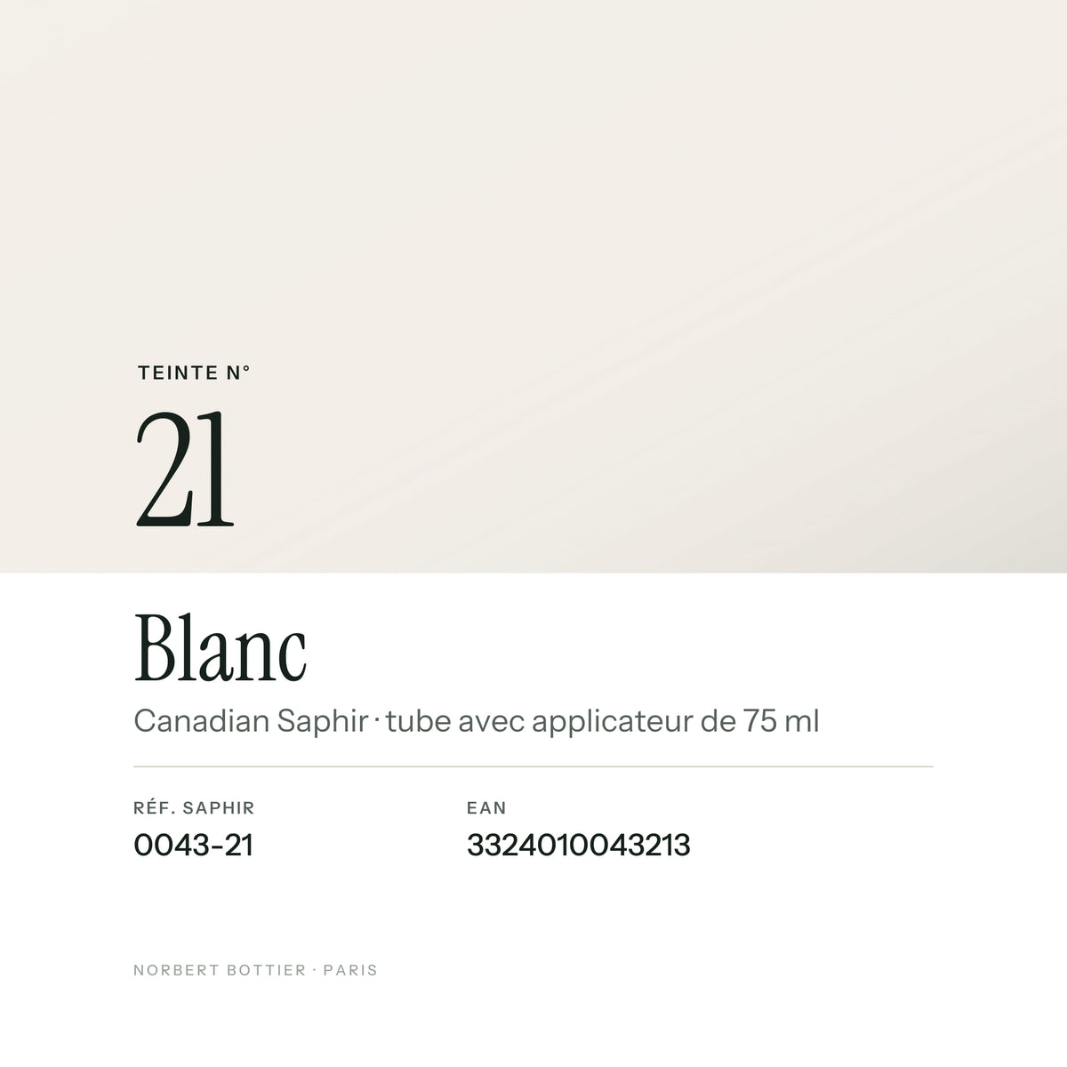 Teinte Blanc n° 21 de la Canadian Saphir, réf. 0043-21, EAN 3324010043213