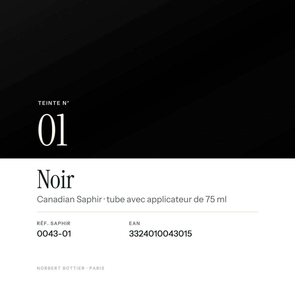 Teinte Noir n° 01 de la Canadian Saphir, réf. 0043-01, EAN 3324010043015
