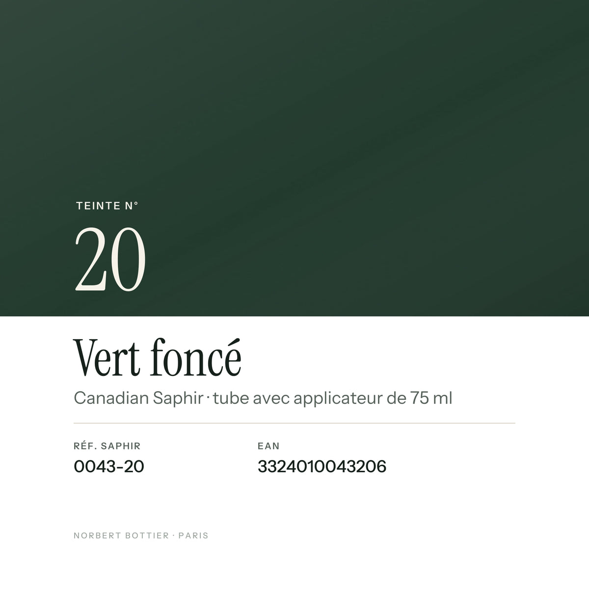 Teinte Vert foncé n° 20 de la Canadian Saphir, réf. 0043-20, EAN 3324010043206