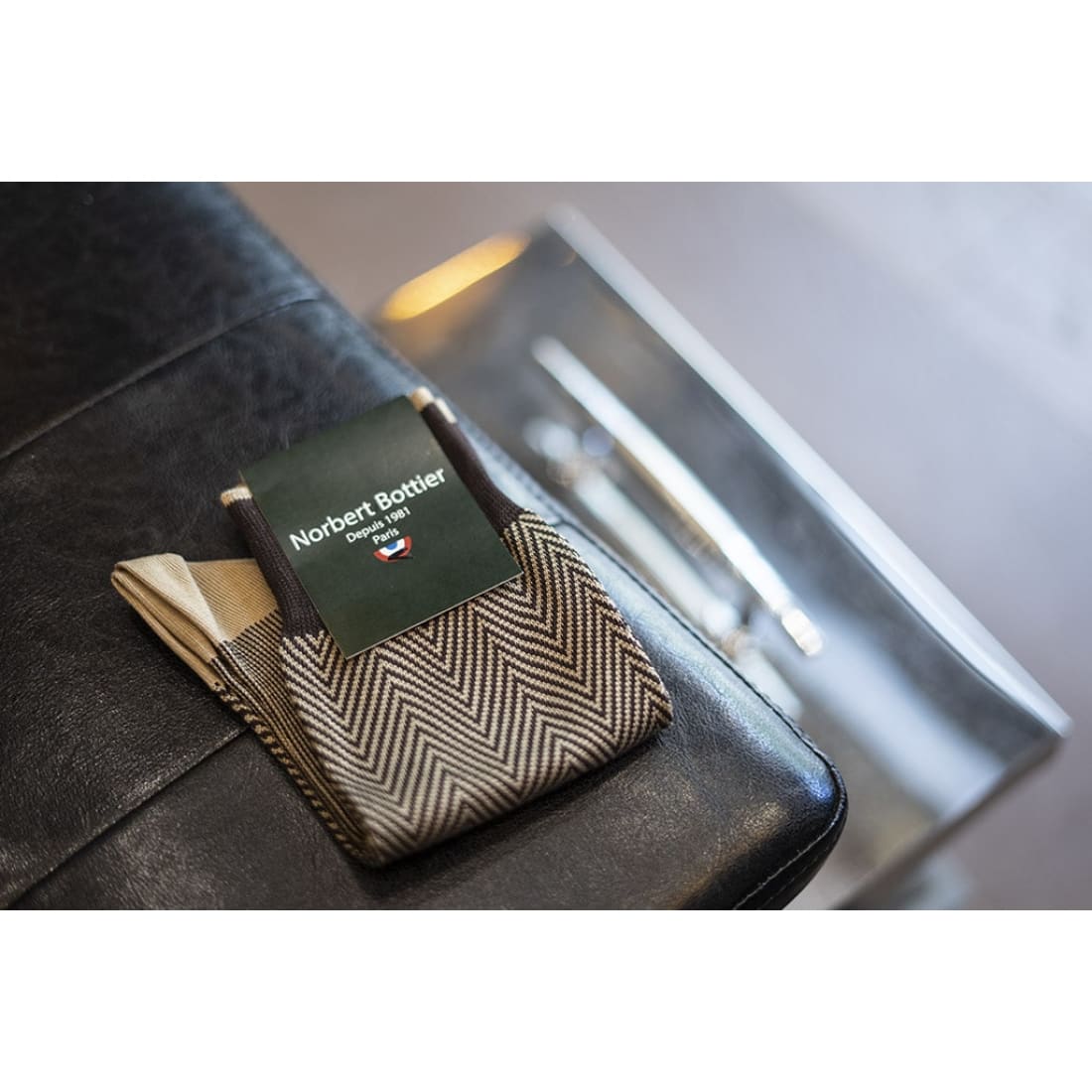 Chaussette Chevron Fil D'écosse Marron/Beige-Chaussettes-Norbert BottierChaussettes Chevron en fil d'Écosse Beige/Marron - Norbert Bottier