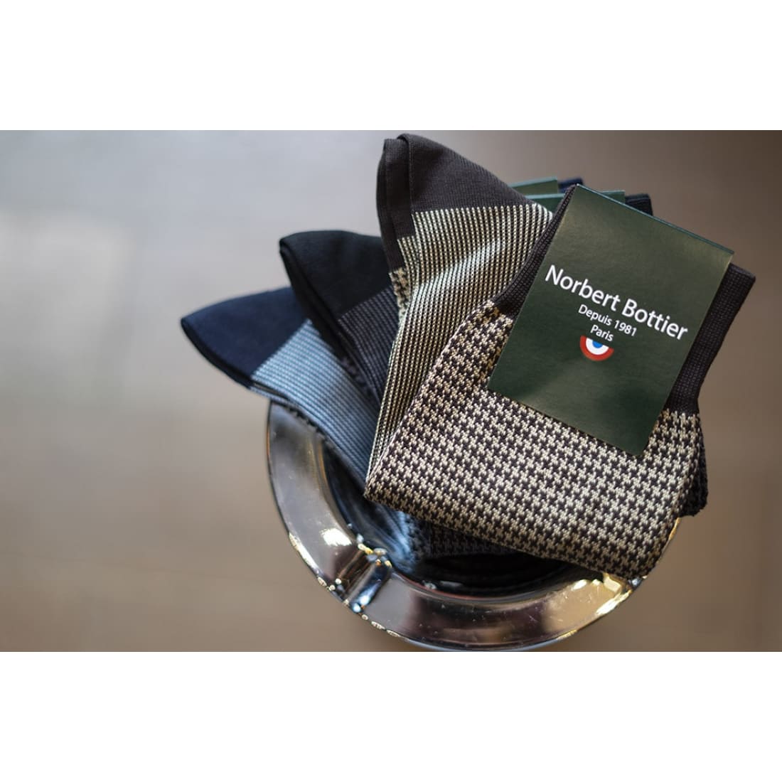 Chaussettes Pied de Poule en fil d'Écosse Gris / Noir - Norbert Bottier