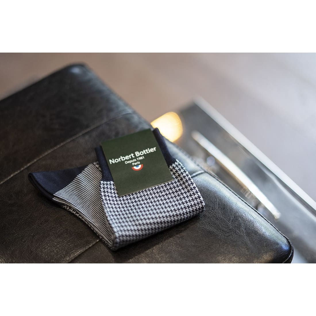 Chaussettes Pied de Poule en fil d'Écosse Marine / Ciel - Norbert Bottier