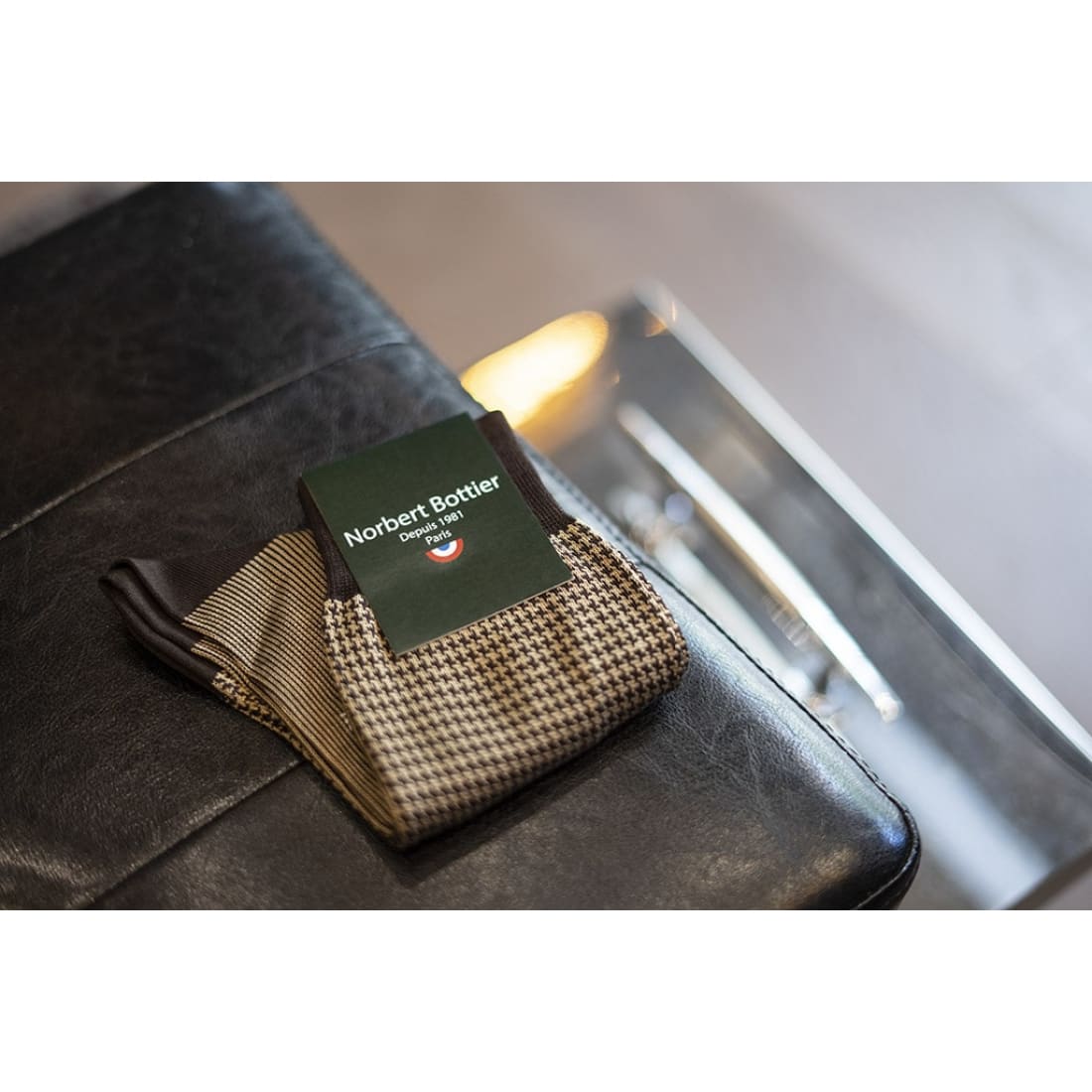 Chaussettes Pied de Poule en fil d'Écosse Marron / Beige - Norbert Bottier