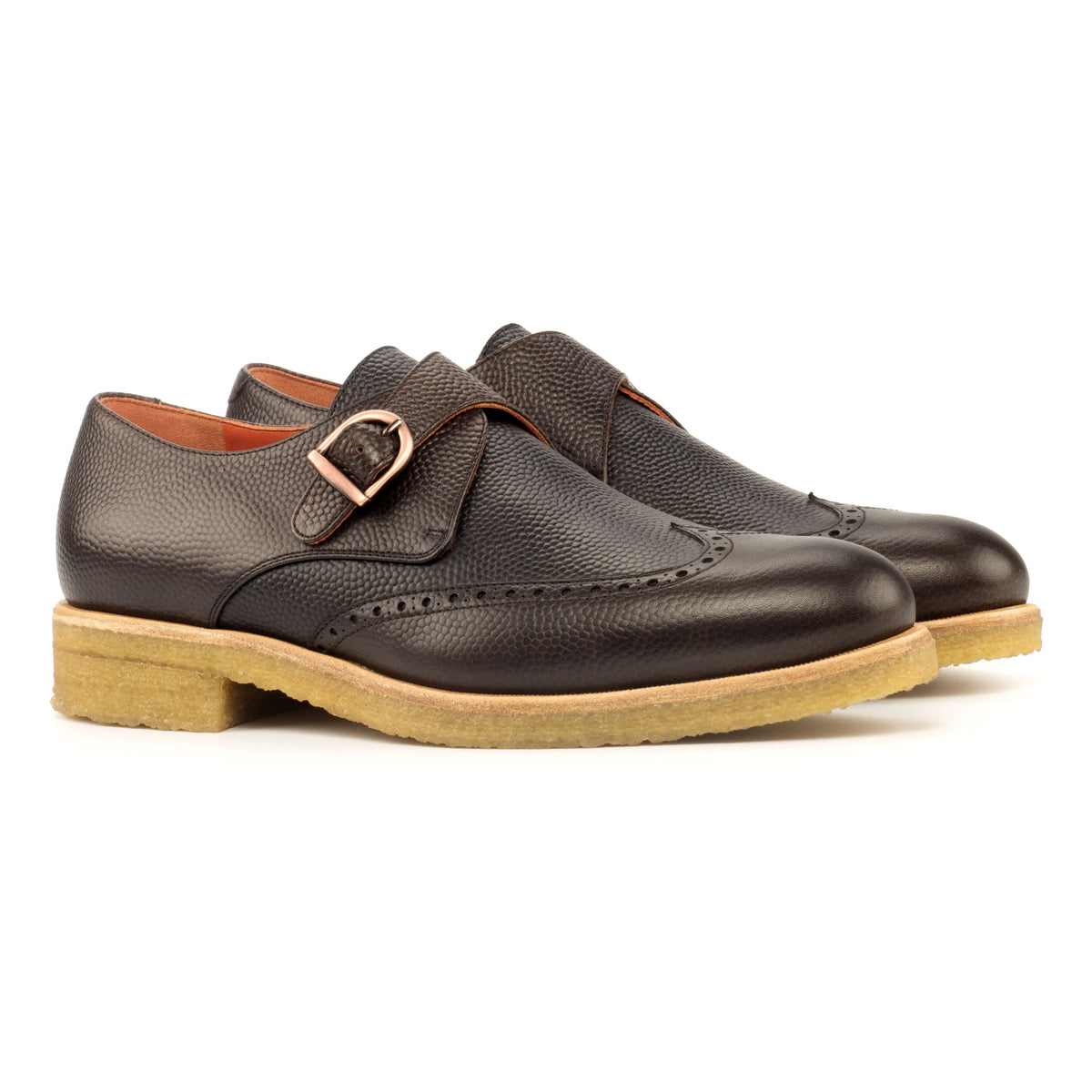 Chaussure à boucle bout fleuri en cuir grainé marron foncé et noir - Semelles crêpe – vue 1