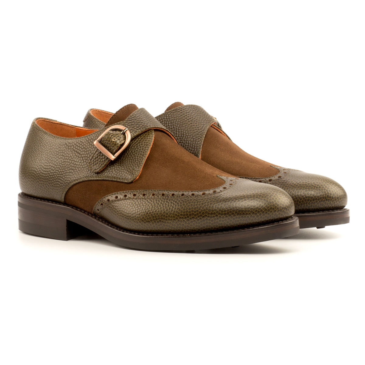 Chaussure à boucle bout fleuri en cuir grainé olive et daim marron - Semelles Dainite – vue 1