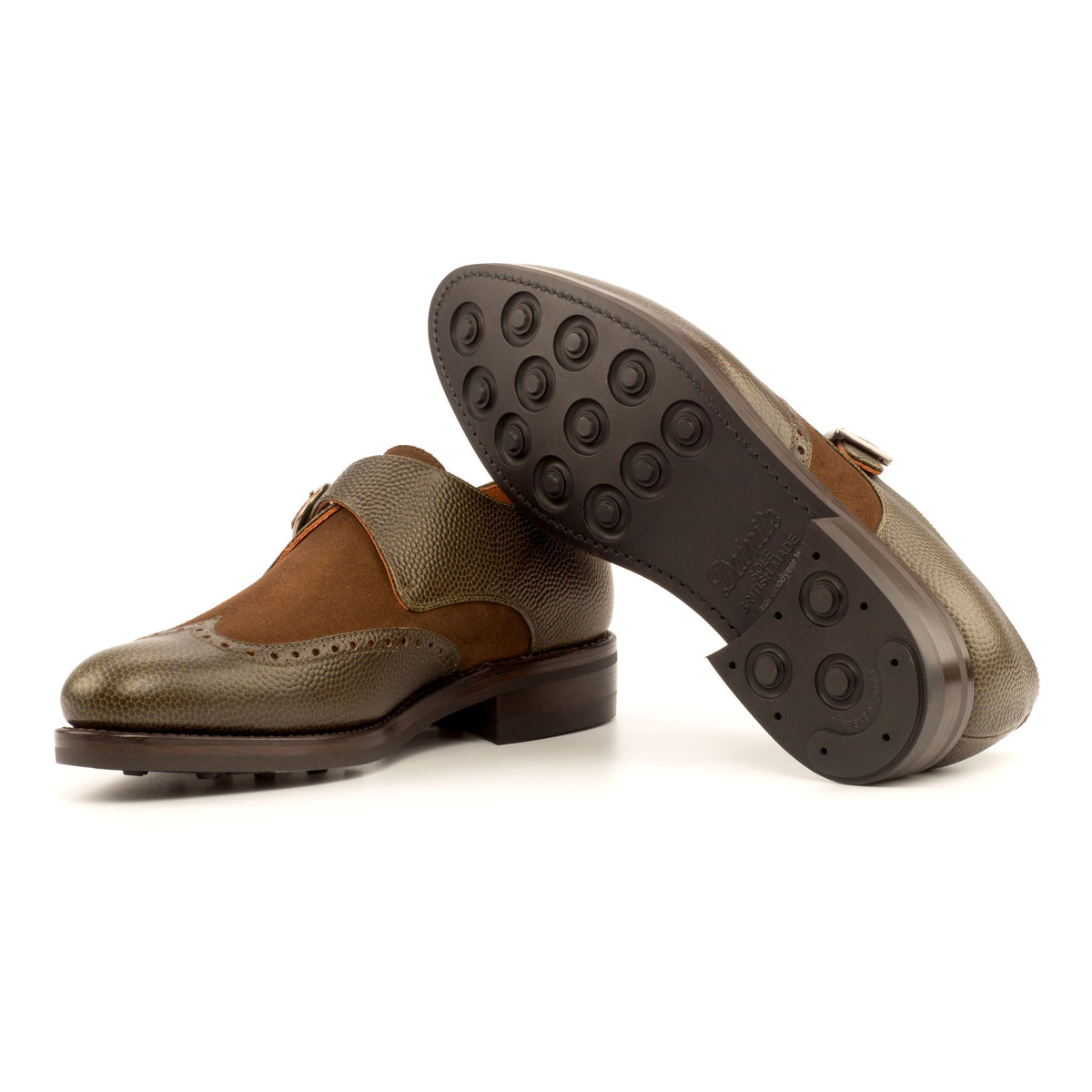 Chaussure à boucle bout fleuri en cuir grainé olive et daim marron - Semelles Dainite – vue 2