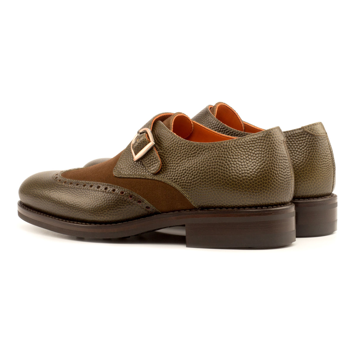 Chaussure à boucle bout fleuri en cuir grainé olive et daim marron - Semelles Dainite – vue 3