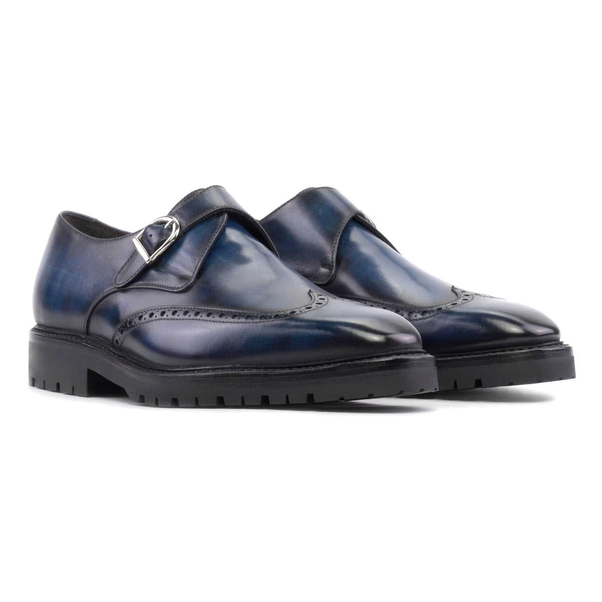 Chaussure à boucle bout fleuri en cuir patiné bleu marine - Semelles Commando – vue 1