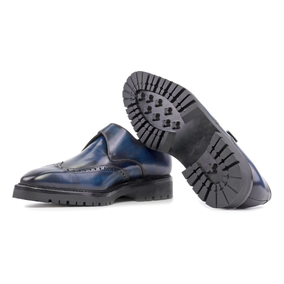 Chaussure à boucle bout fleuri en cuir patiné bleu marine - Semelles Commando – vue 2