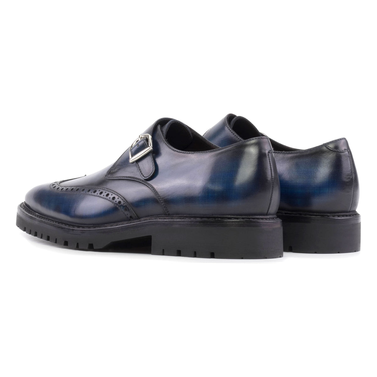 Chaussure à boucle bout fleuri en cuir patiné bleu marine - Semelles Commando – vue 3