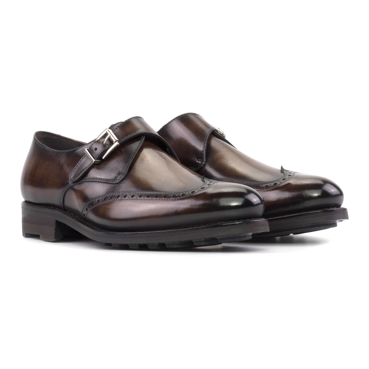 Chaussure à boucle bout fleuri en cuir patiné marron - Semelles Commando – vue 1