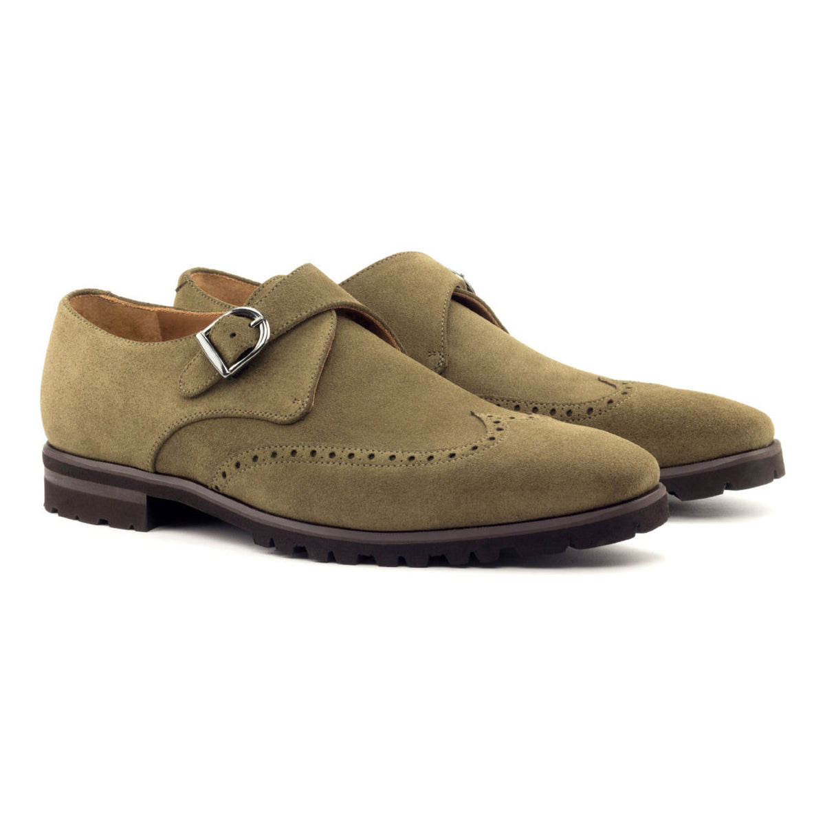Chaussure à boucle bout fleuri en daim kaki - Semelles Commando – vue 1