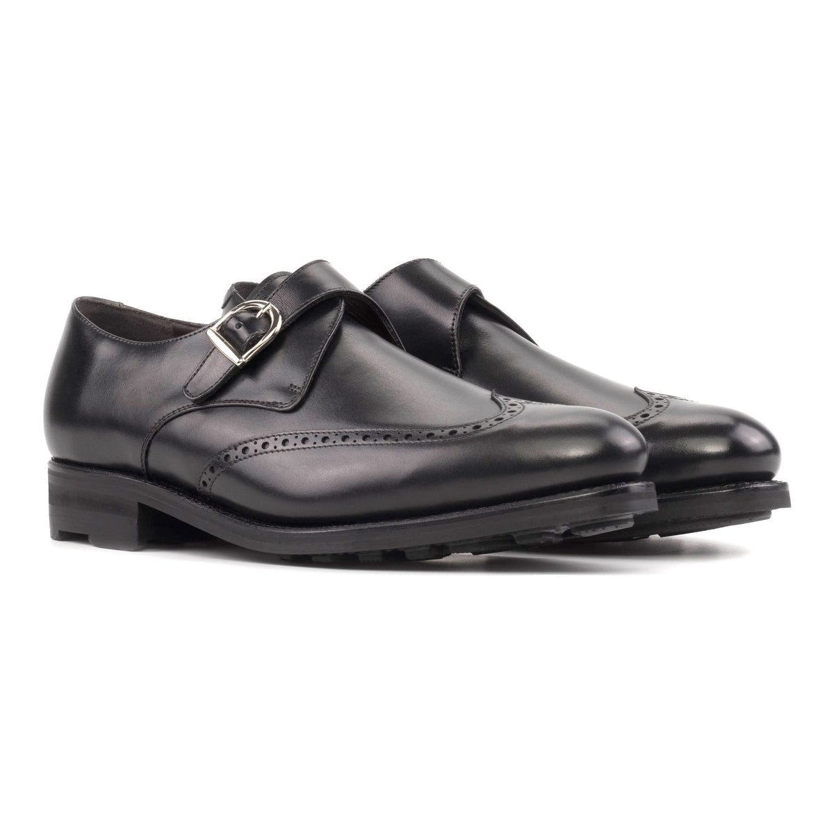 Chaussure à boucle bout fleuri en cuir noir - Semelles Commando – vue 1