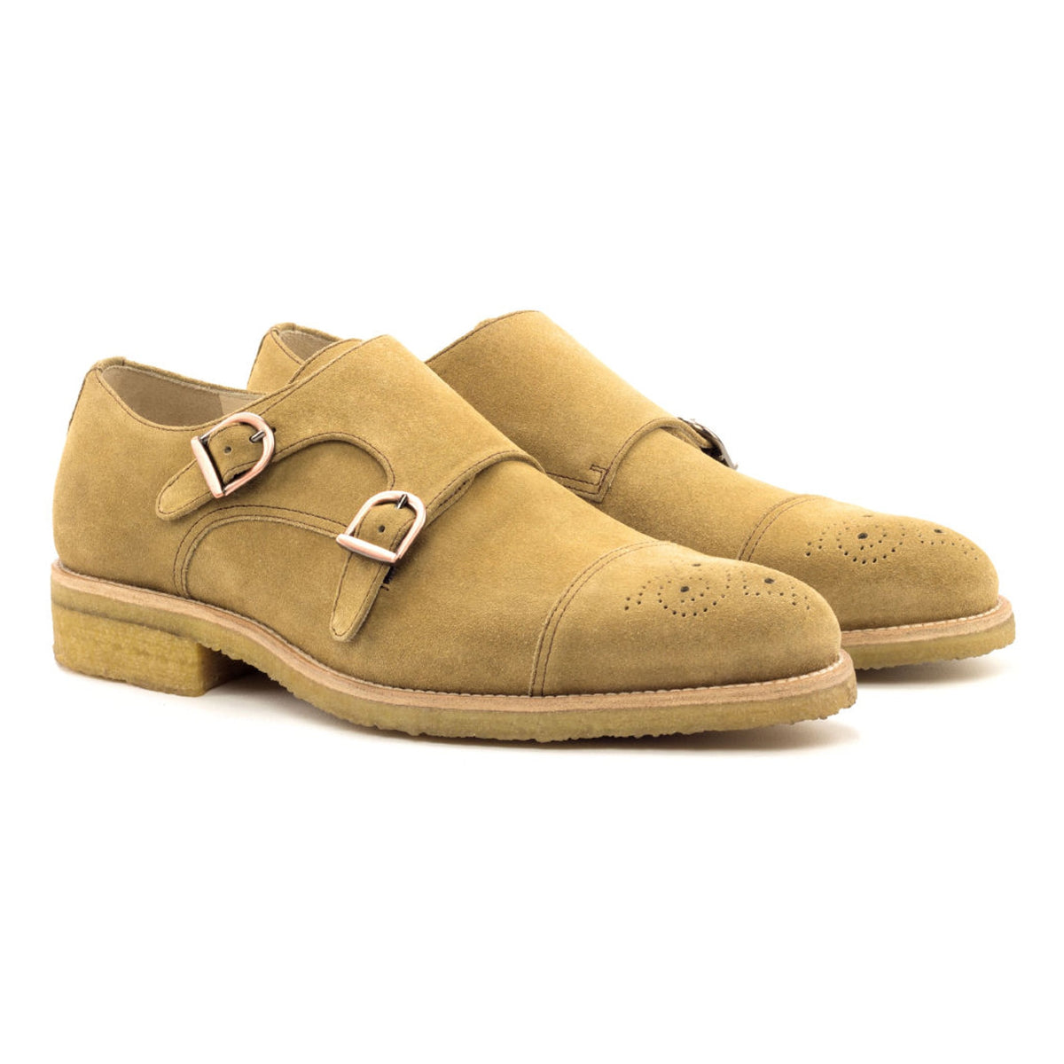 Chaussure double boucle en cuir daim beige - Semelles Crêpe – vue 1