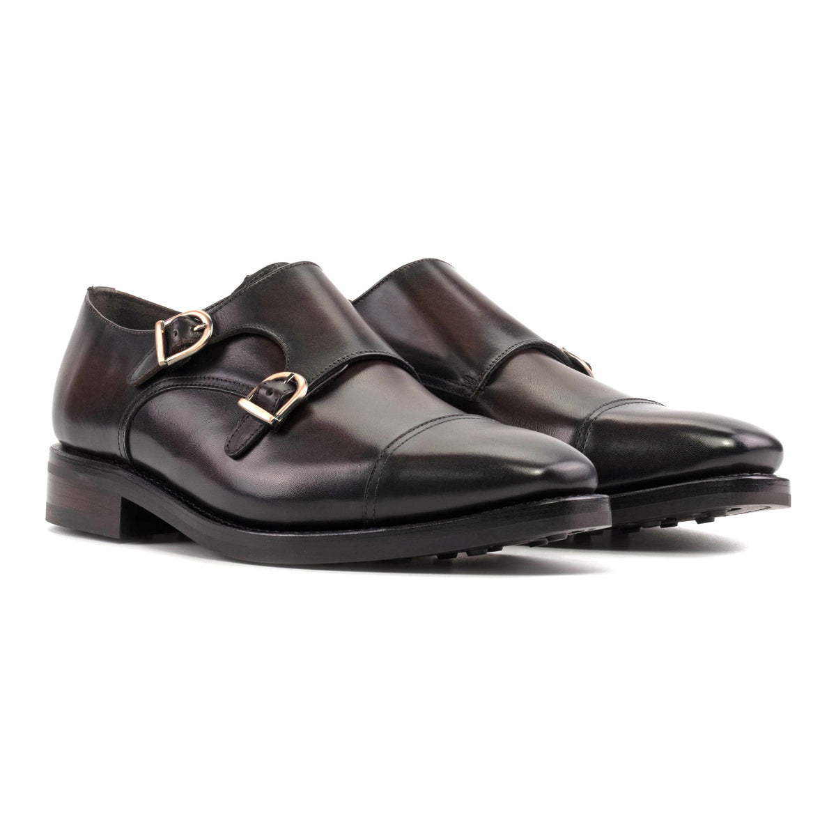 Chaussure double boucle en cuir patiné marron foncé - Semelles Dainite – vue 1