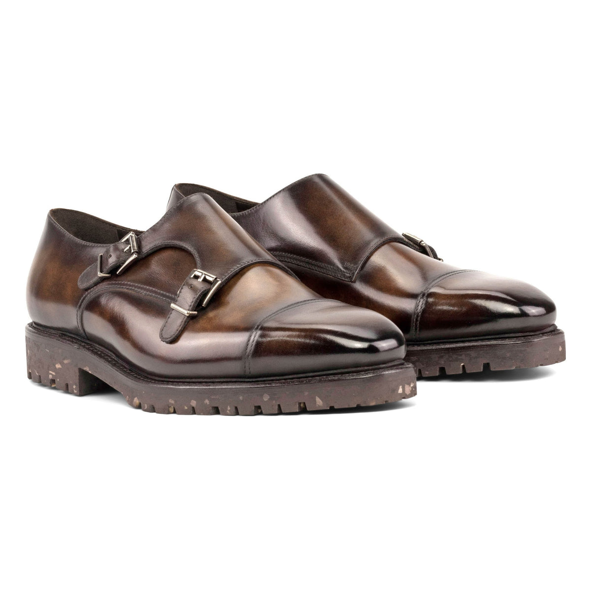 Chaussure double boucle en cuir patiné marron - Semelles Commando Recyclées Vibram® – vue 1