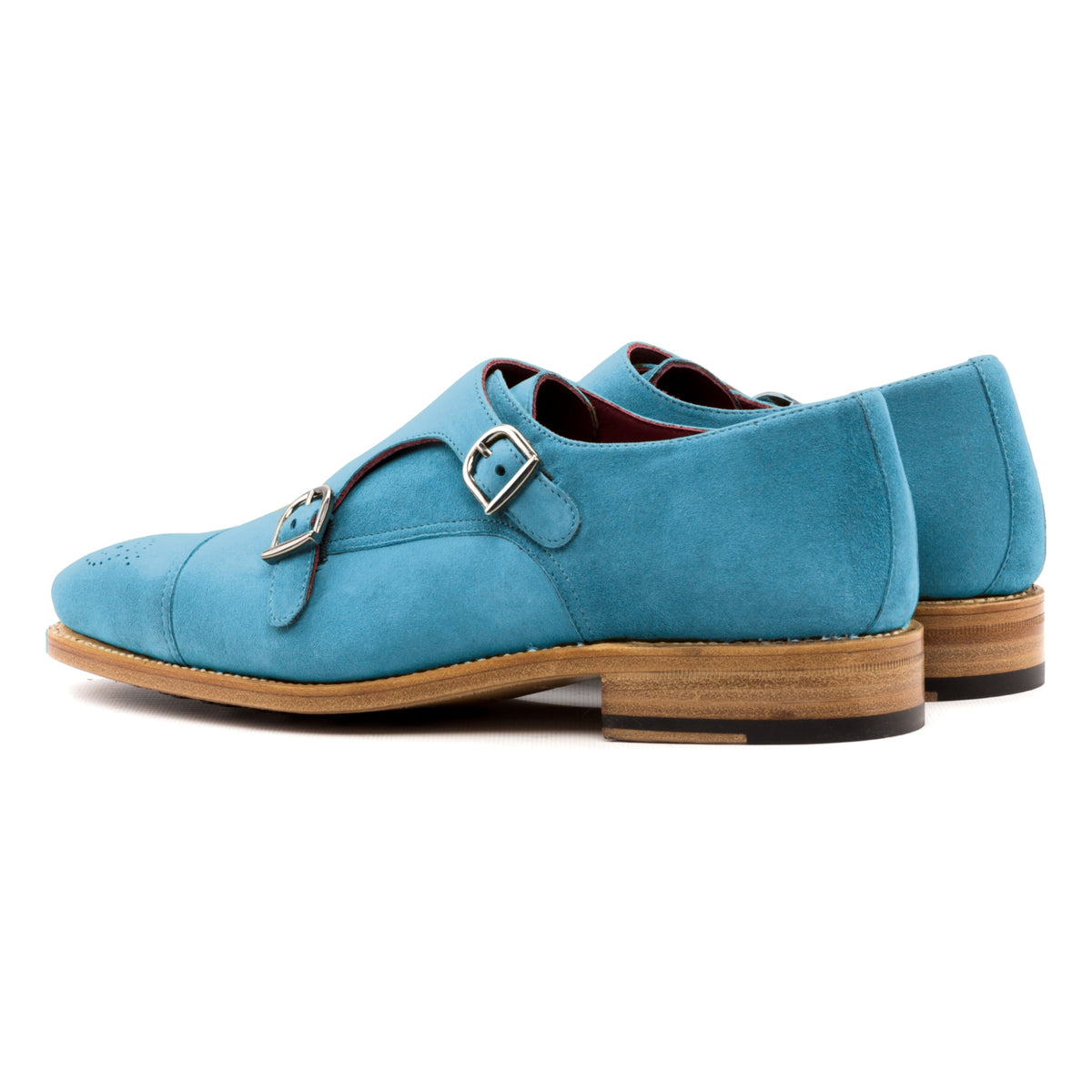Chaussure double boucle en daim de chevreau turquoise, la paire vue de trois quarts arrière