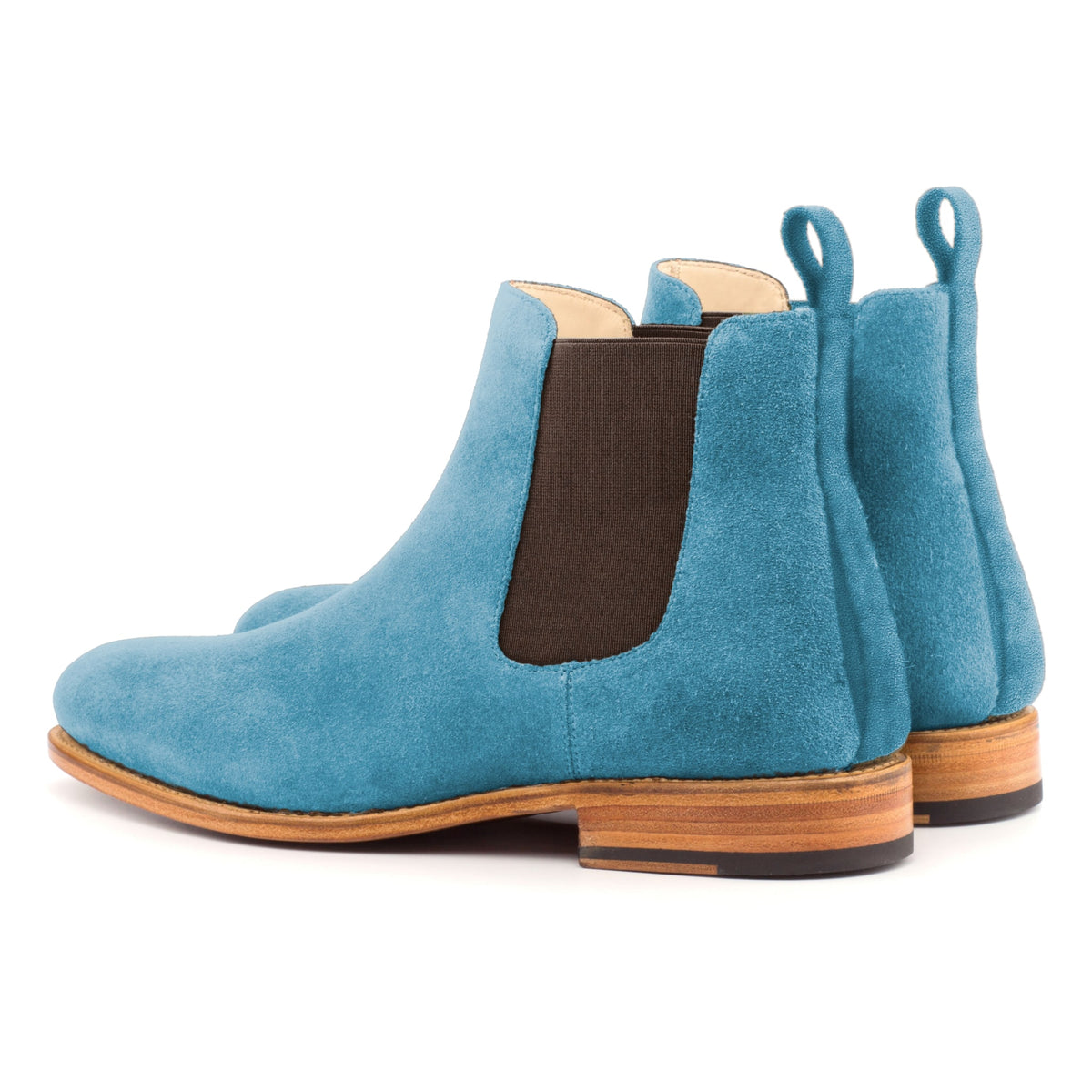 Chelsea Boots en daim de chevreau turquoise, la paire vue de trois quarts arrière