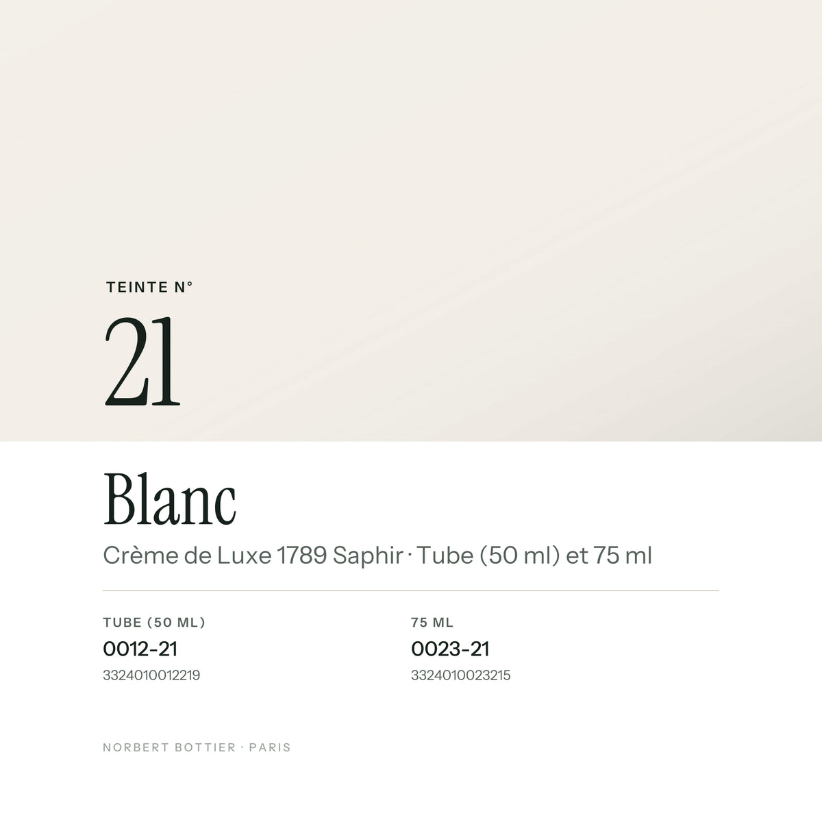 Teinte Blanc n° 21 de la Crème de Luxe 1789 Saphir, réf. 0012-21 / 0023-21