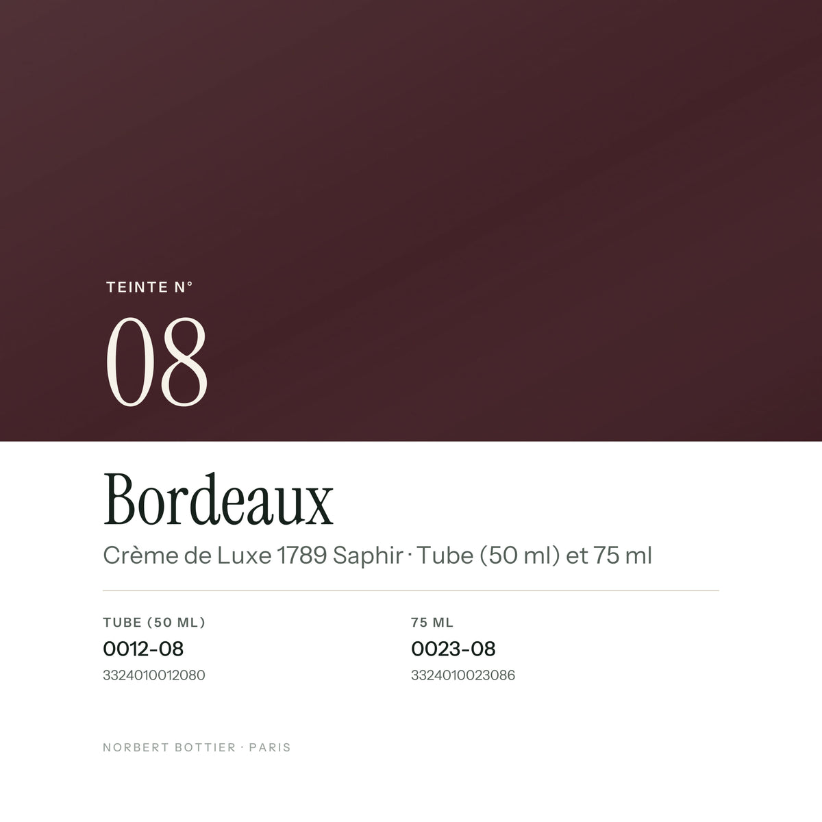 Teinte Bordeaux n° 08 de la Crème de Luxe 1789 Saphir, réf. 0012-08 / 0023-08