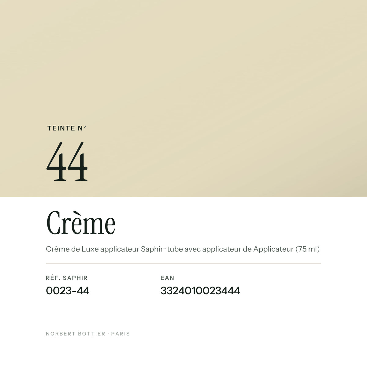 Teinte Crème n° 44 de la Crème de Luxe applicateur Saphir, réf. 0023-44, EAN 3324010023444