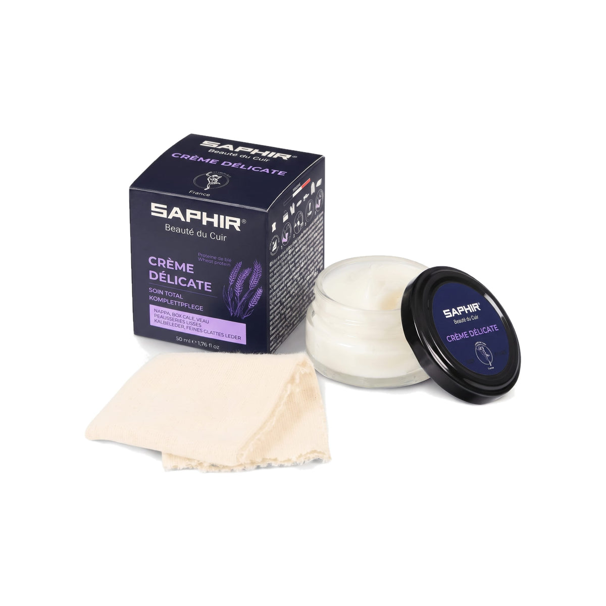 Crème Délicate Saphir, pot en verre avec sa chamoisine et son étui de 50 ml