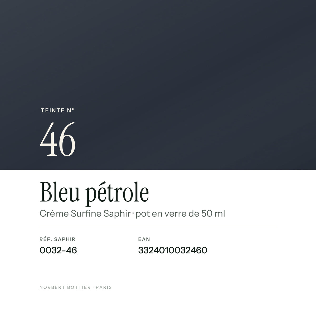 Teinte Bleu pétrole n° 46 de la Crème Surfine Saphir, réf. 0032-46, EAN 3324010032460