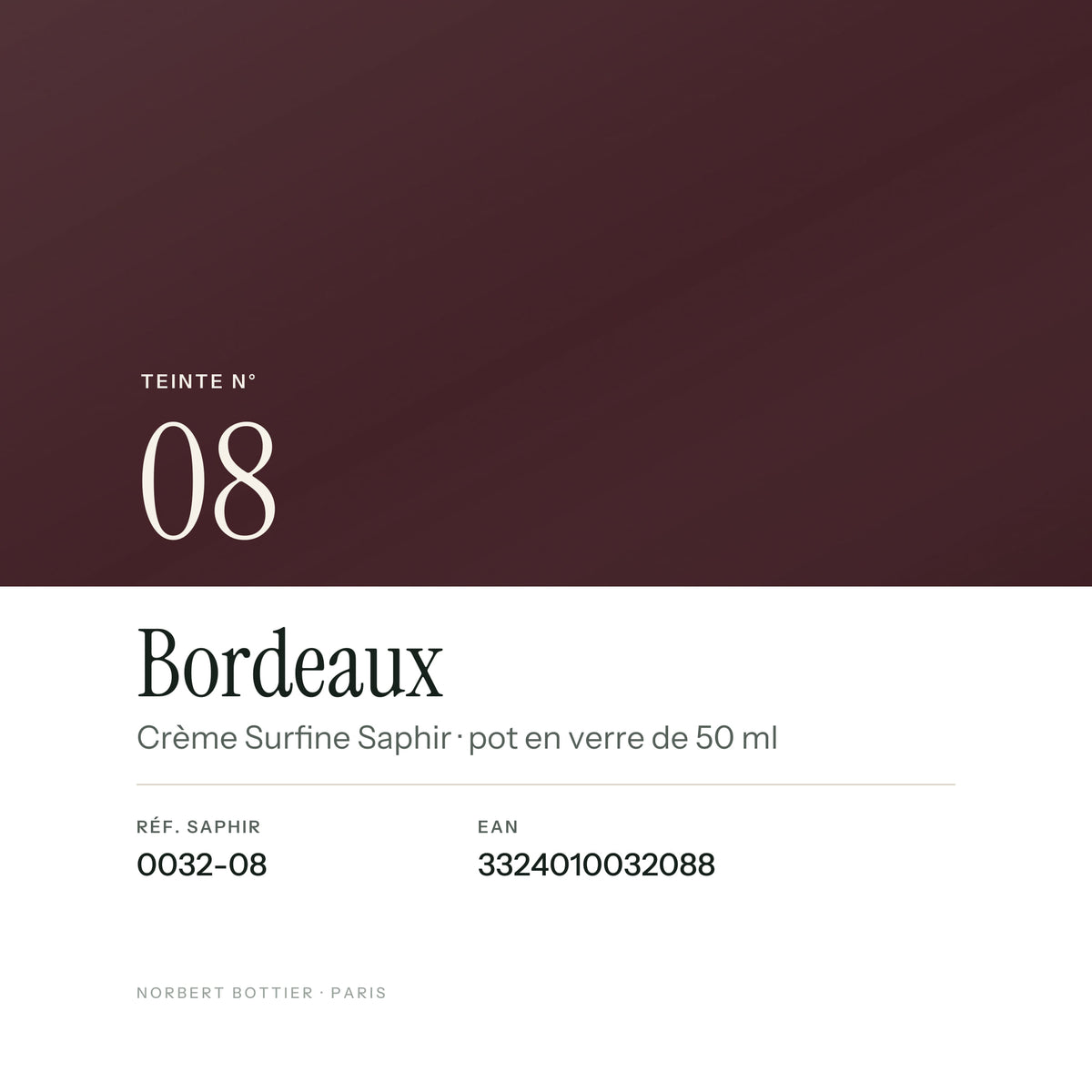 Teinte Bordeaux n° 08 de la Crème Surfine Saphir, réf. 0032-08, EAN 3324010032088