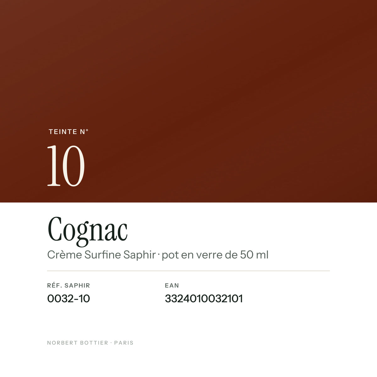 Teinte Cognac n° 10 de la Crème Surfine Saphir, réf. 0032-10, EAN 3324010032101