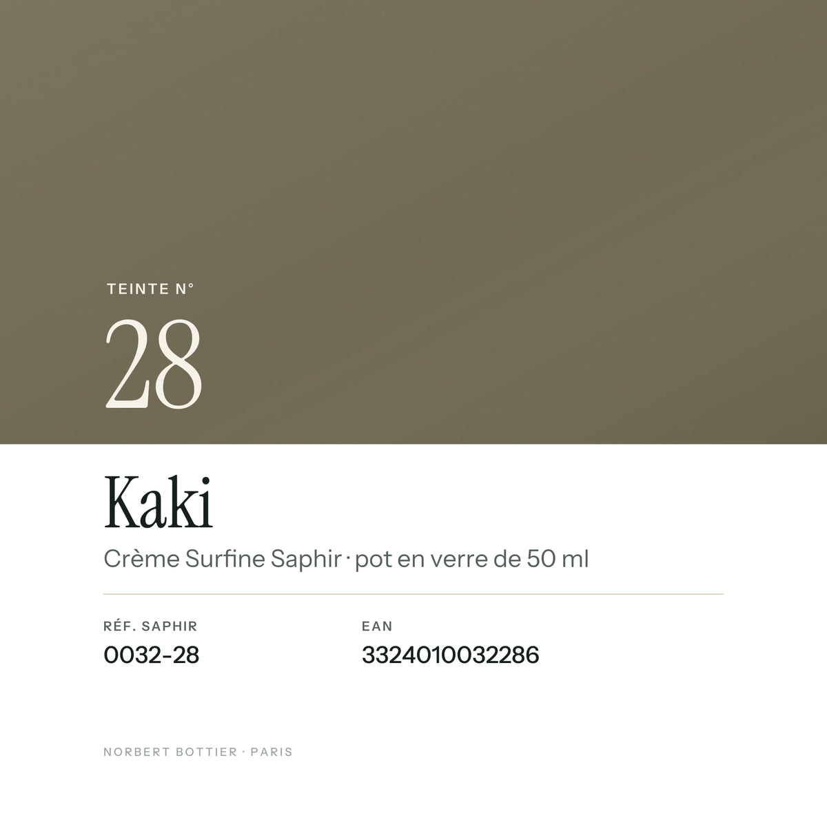Teinte Kaki n° 28 de la Crème Surfine Saphir, réf. 0032-28, EAN 3324010032286